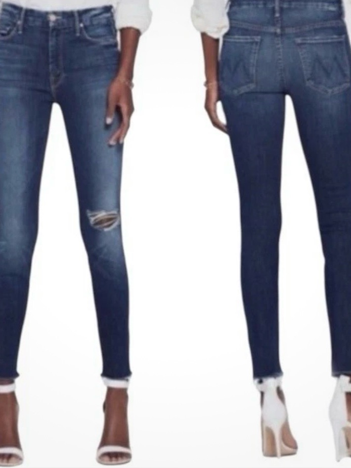 Mother Women’s High Waisted Looker Ankle Fray Jeans In Cat Attack Blue Size 29